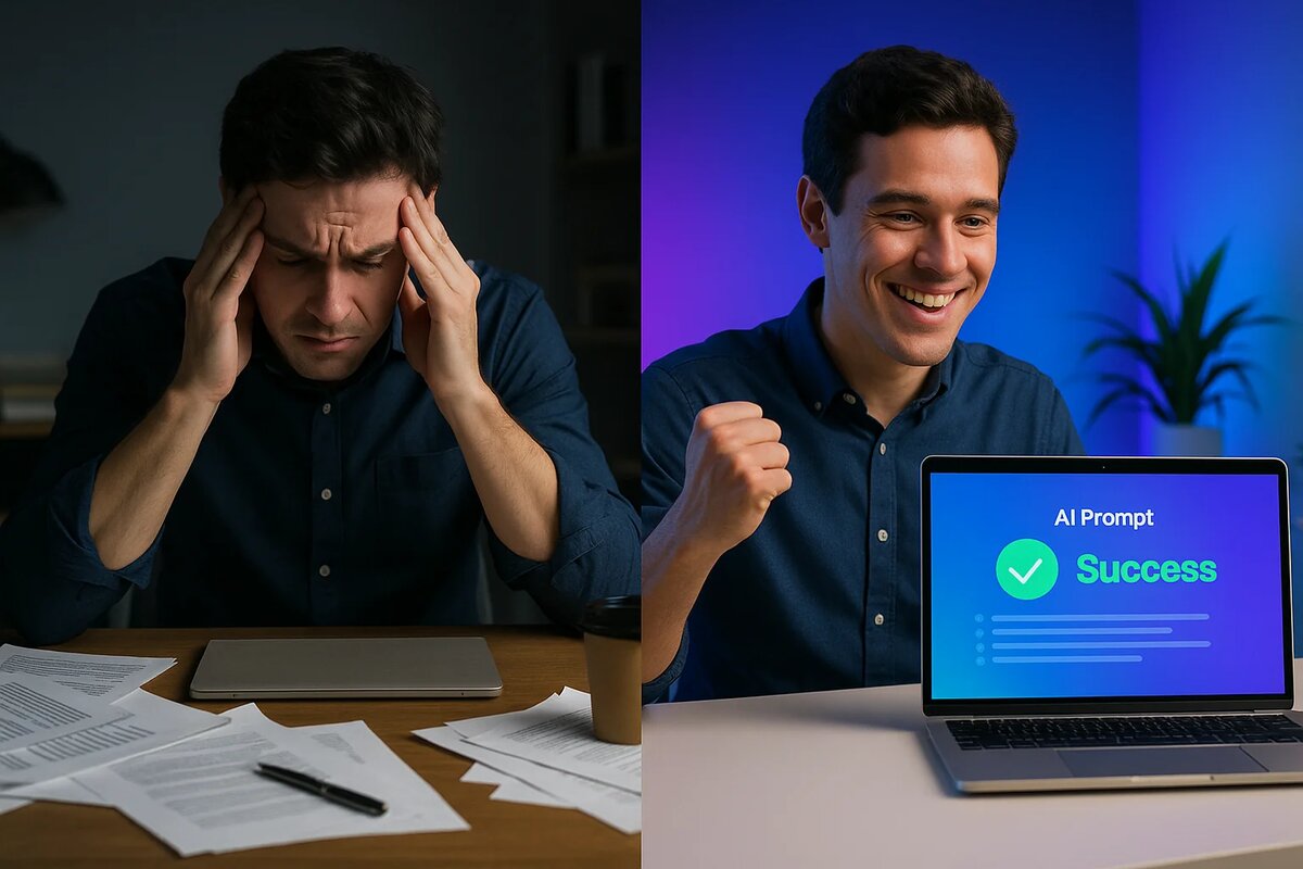 AI prompt transformation visualization showing before and after Prompt-U optimization - frustrated user with poor results transforms into successful professional with optimized AI prompts